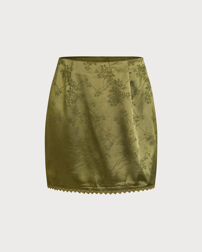 Saia mini de cetim com estampa floral verde