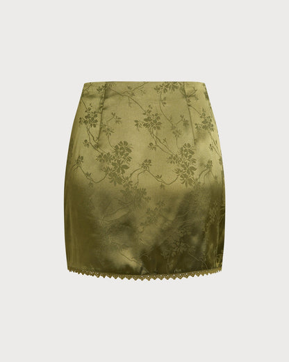 Saia mini de cetim com estampa floral verde