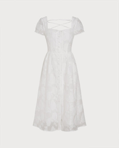Vestido Midi Branco com Decote Quadrado e Tiras Cruzadas