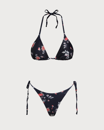 Conjunto de biquíni cortininha preto com estampa floral