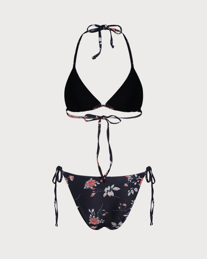 Conjunto de biquíni cortininha preto com estampa floral