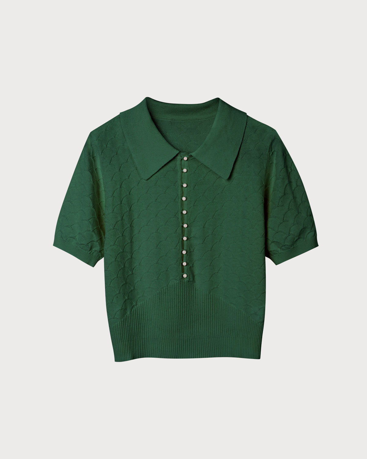 Camiseta de tricô com gola tipo lapela texturizada e mangas curtas — Verde
