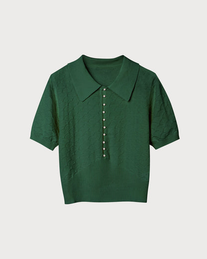 Camiseta de tricô com gola tipo lapela texturizada e mangas curtas — Verde