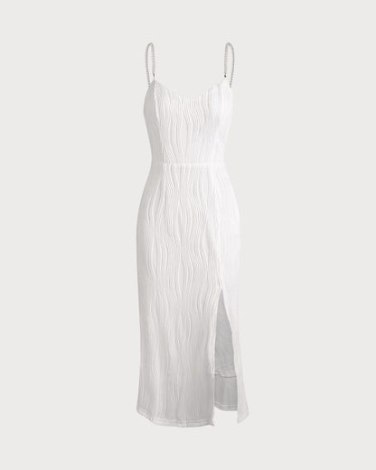 Vestido Midi Texturizado com Alças de Pérolas