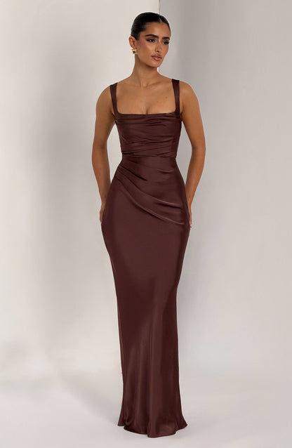 Vestido Longo Calanthe - Ameixa e Marrom