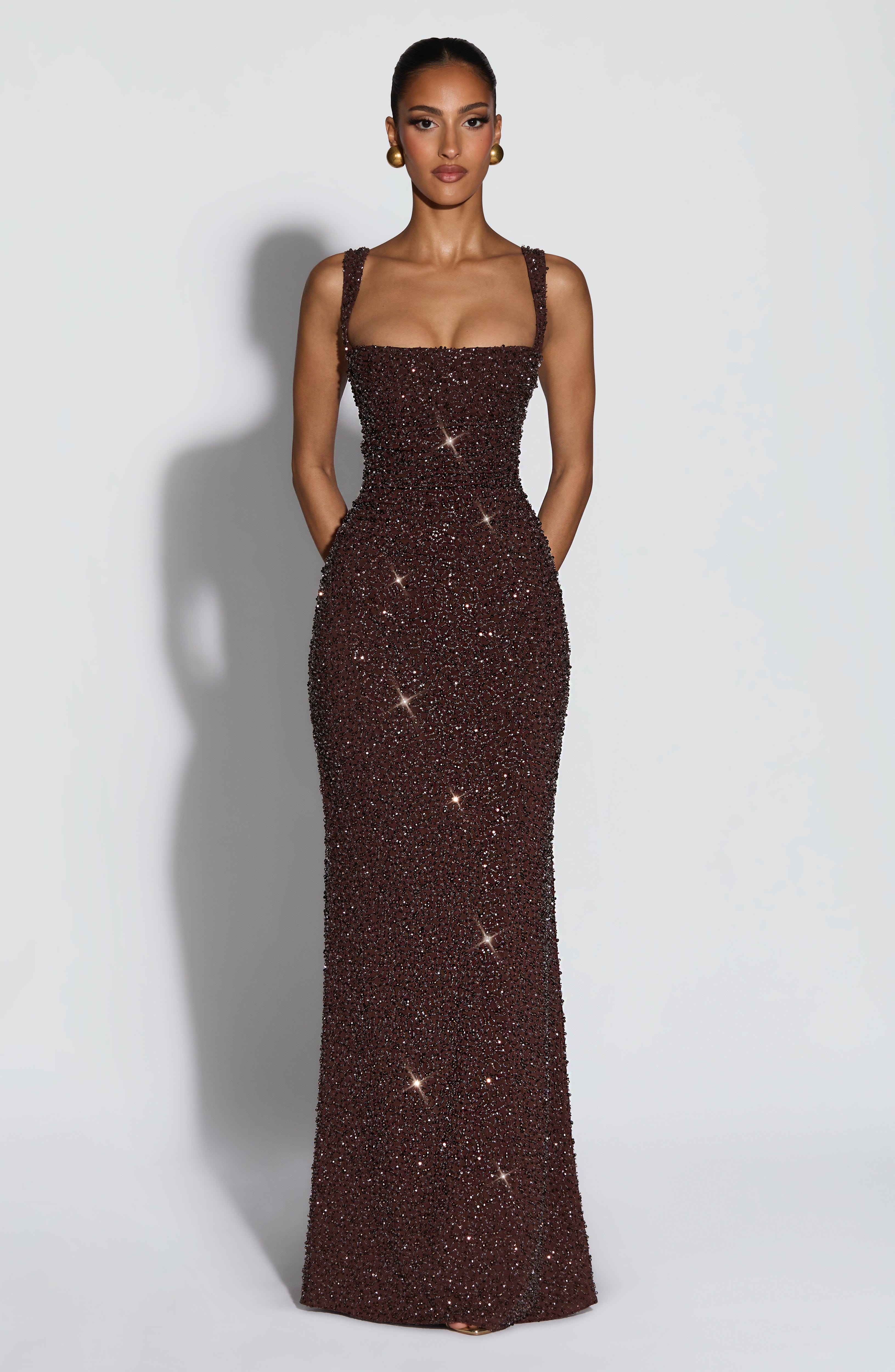 Calanthe Vestido Longo - Ameixa Marrom com Brilho