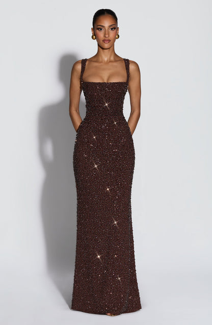 Calanthe Vestido Longo - Ameixa Marrom com Brilho
