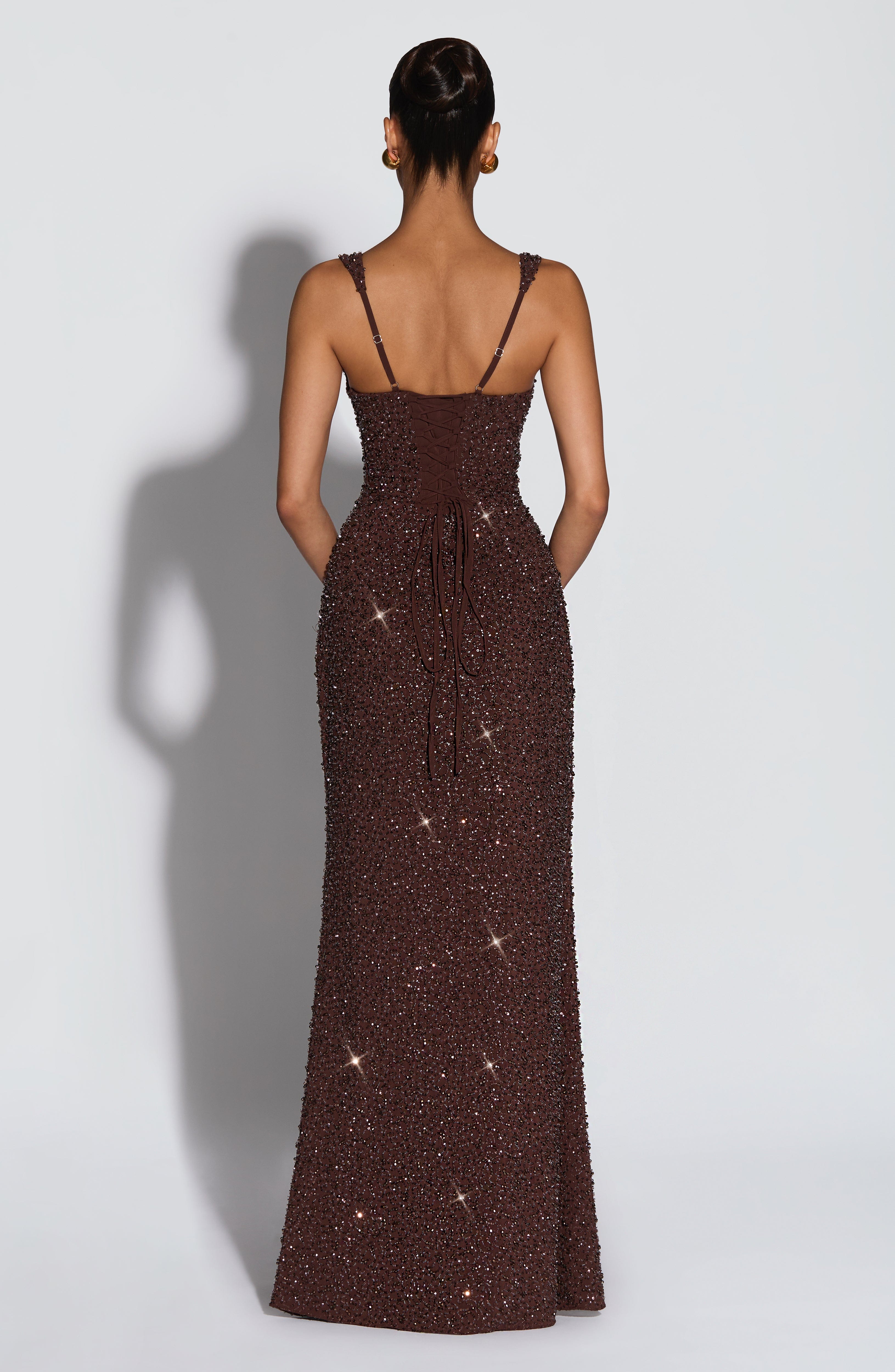 Calanthe Vestido Longo - Ameixa Marrom com Brilho