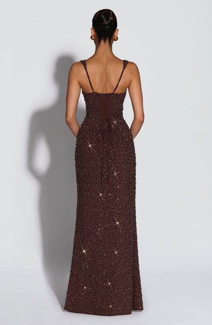 Calanthe Vestido Longo - Ameixa Marrom com Brilho