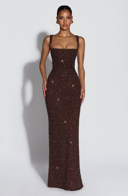 Calanthe Vestido Longo - Ameixa Marrom com Brilho
