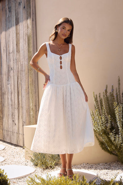 Vestido Longo Bordado Romance com Pesponto — Branco