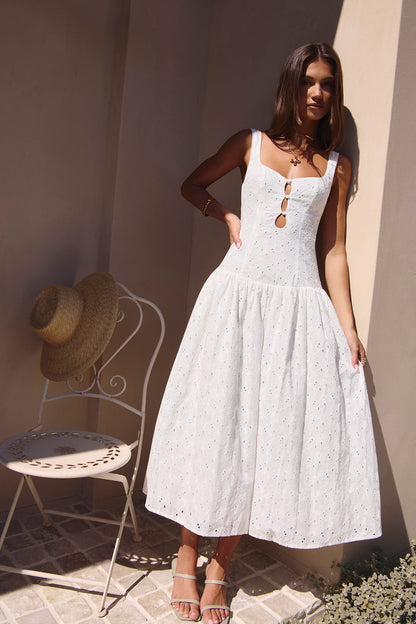 Vestido Longo Bordado Romance com Pesponto — Branco