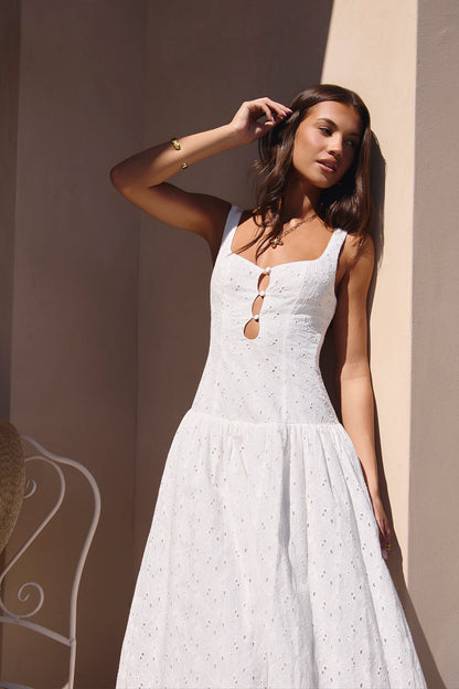 Vestido Longo Bordado Romance com Pesponto — Branco