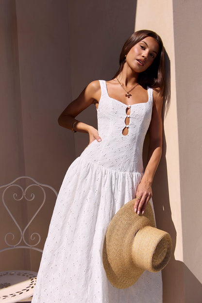 Vestido Longo Bordado Romance com Pesponto — Branco