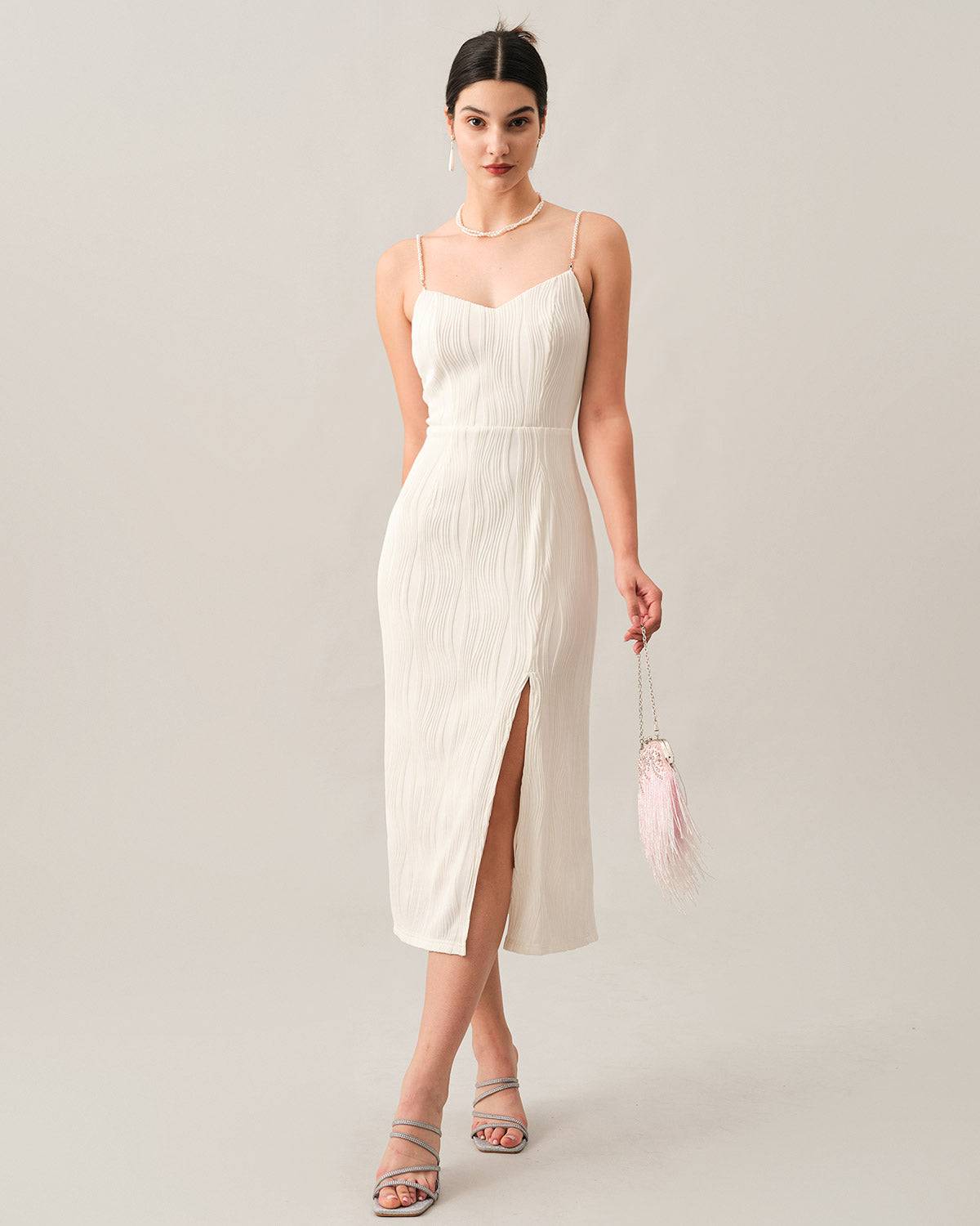 Vestido Midi Texturizado com Alças de Pérolas