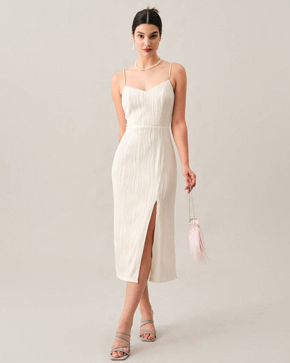 Vestido Midi Texturizado com Alças de Pérolas