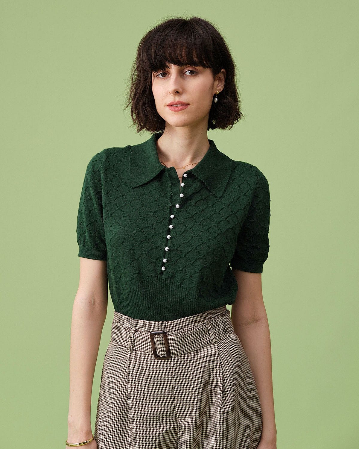 Camiseta de tricô com gola tipo lapela texturizada e mangas curtas — Verde