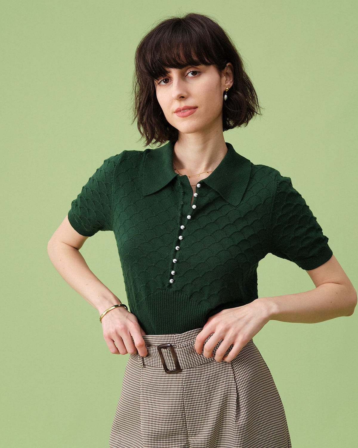 Camiseta de tricô com gola tipo lapela texturizada e mangas curtas — Verde