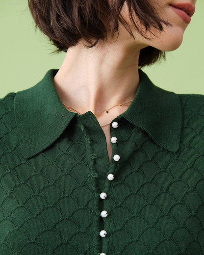 Camiseta de tricô com gola tipo lapela texturizada e mangas curtas — Verde