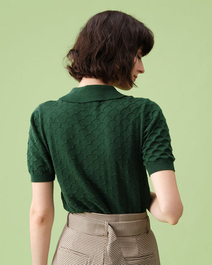 Camiseta de tricô com gola tipo lapela texturizada e mangas curtas — Verde