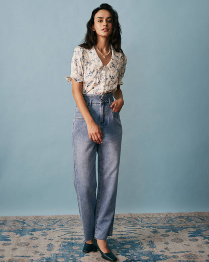 Camisa Floral Plissada com Detalhe em Renda