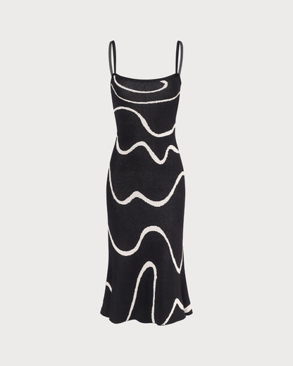 Vestido midi em tricot com barra sereia ondulada — Preto