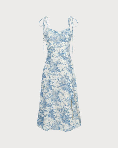 Vestido midi azul com decote coração e franzido