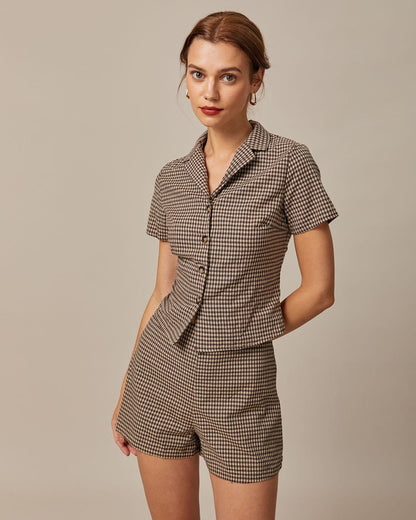 Blusa xadrez Vichy de manga curta com lapela marrom