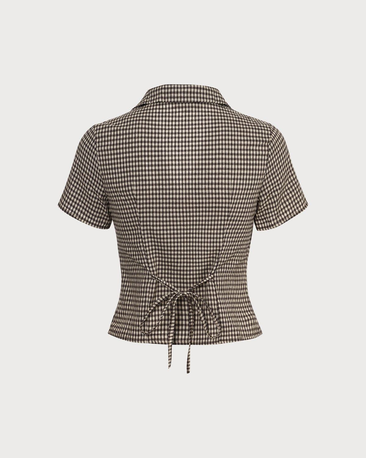 Blusa xadrez Vichy de manga curta com lapela marrom