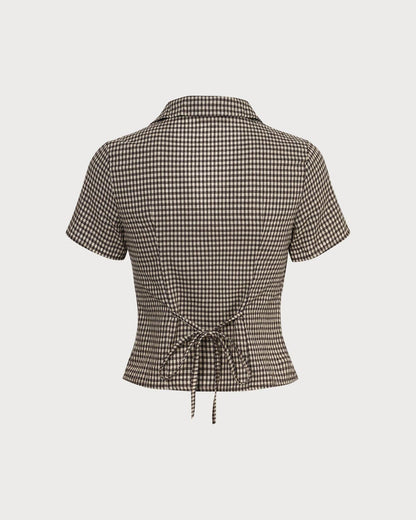 Blusa xadrez Vichy de manga curta com lapela marrom