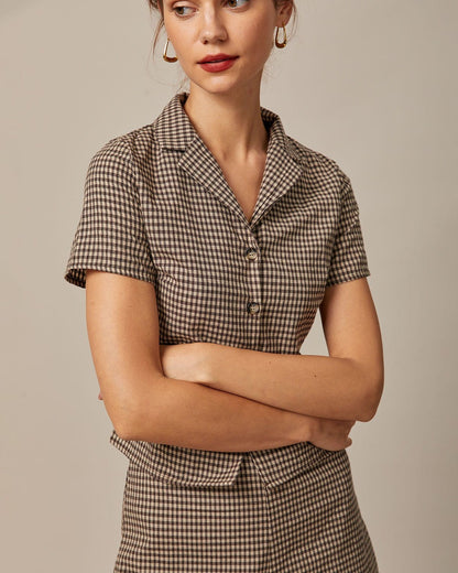 Blusa xadrez Vichy de manga curta com lapela marrom