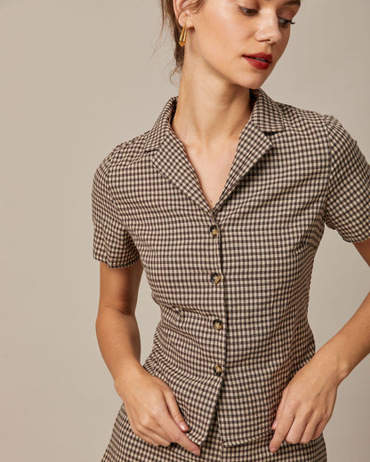 Blusa xadrez Vichy de manga curta com lapela marrom