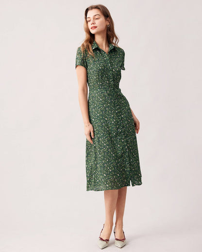 Vestido midi floral verde com gola de lapela e abotoamento frontal
