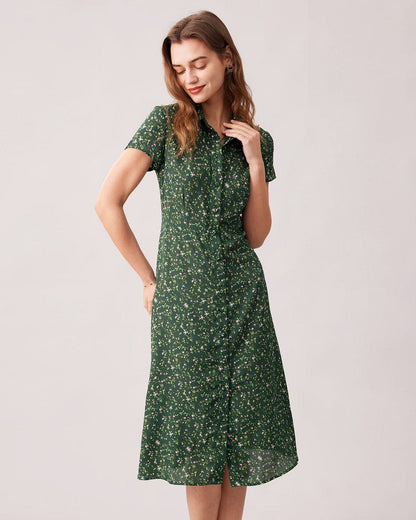 Vestido midi floral verde com gola de lapela e abotoamento frontal