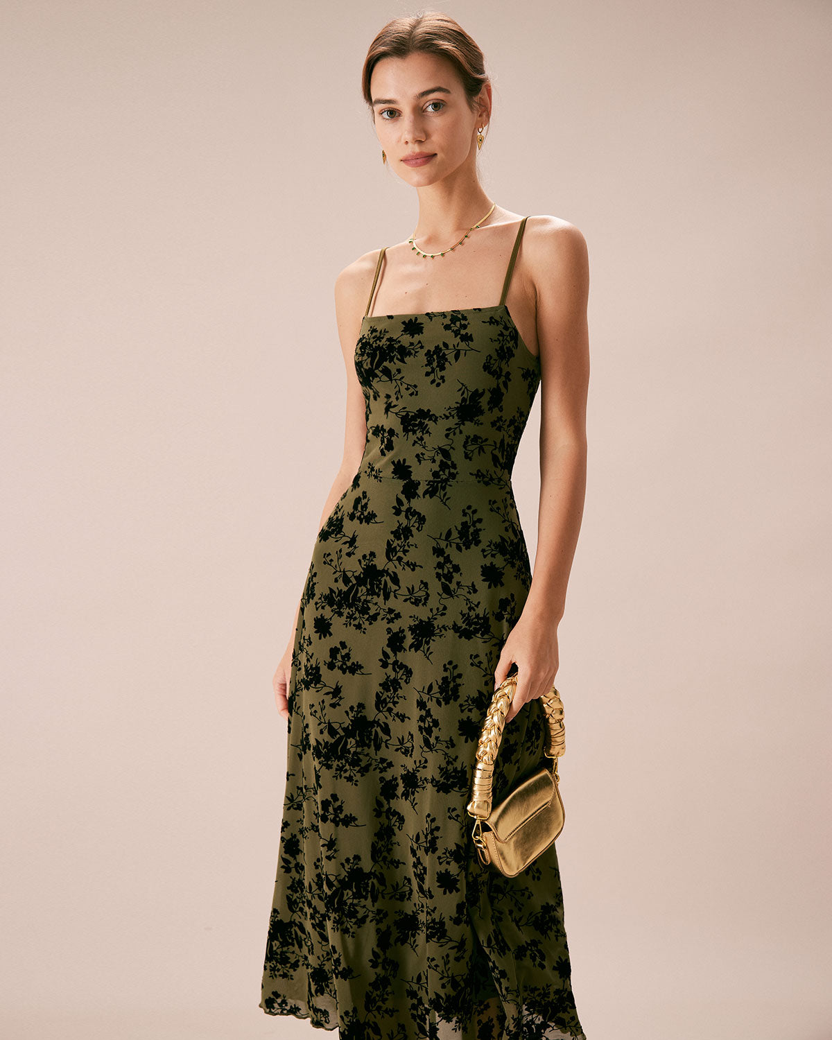 Vestido midi slip, corte A, em burnout floral — Verde