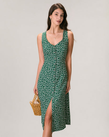 Vestido midi floral verde com decote em V e botões