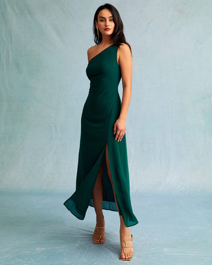 Vestido maxi verde de um ombro só, sem mangas
