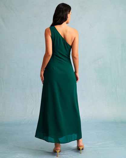 Vestido maxi verde de um ombro só, sem mangas