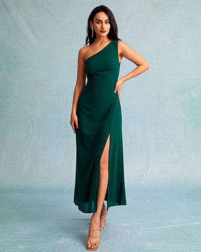 Vestido maxi verde de um ombro só, sem mangas