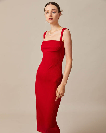 Vestido Canelado Midi com Decote Quadrado — Vermelho