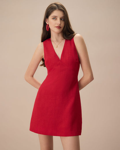 Vestido curto de linho sem mangas com decote em V — Vermelho