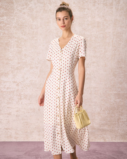 Vestido midi bege com decote em V, estampa poá e botões frontais