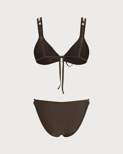 Conjunto de biquíni cortininha com argola — Café