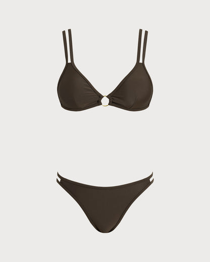 Conjunto de biquíni cortininha com argola — Café