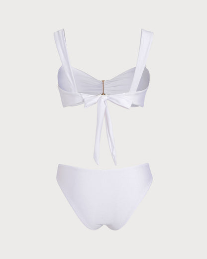 Conjunto de Biquíni Branco com Decote em Coração e Amarração