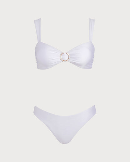 Conjunto de Biquíni Branco com Decote em Coração e Amarração