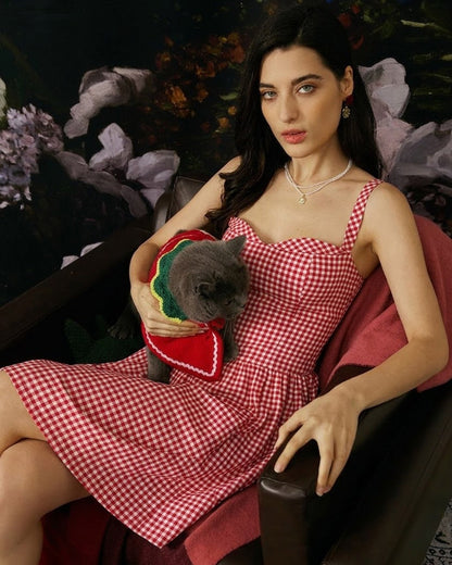 Mini vestido slip xadrez vermelho com decote em coração
