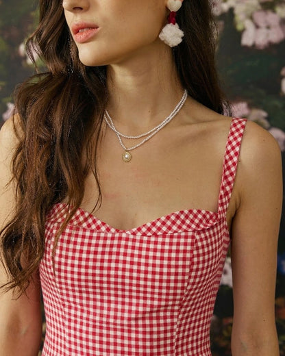 Mini vestido slip xadrez vermelho com decote em coração