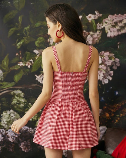 Mini vestido slip xadrez vermelho com decote em coração