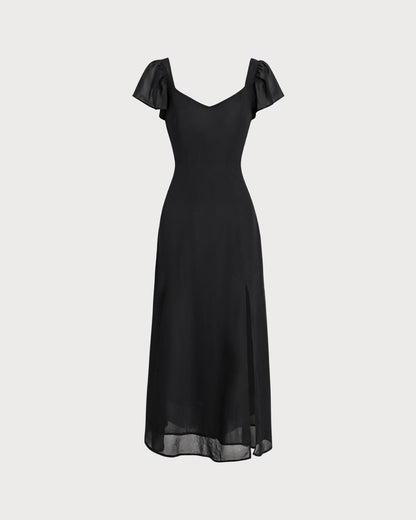 Vestido longo de chiffon com decote coração — Preto